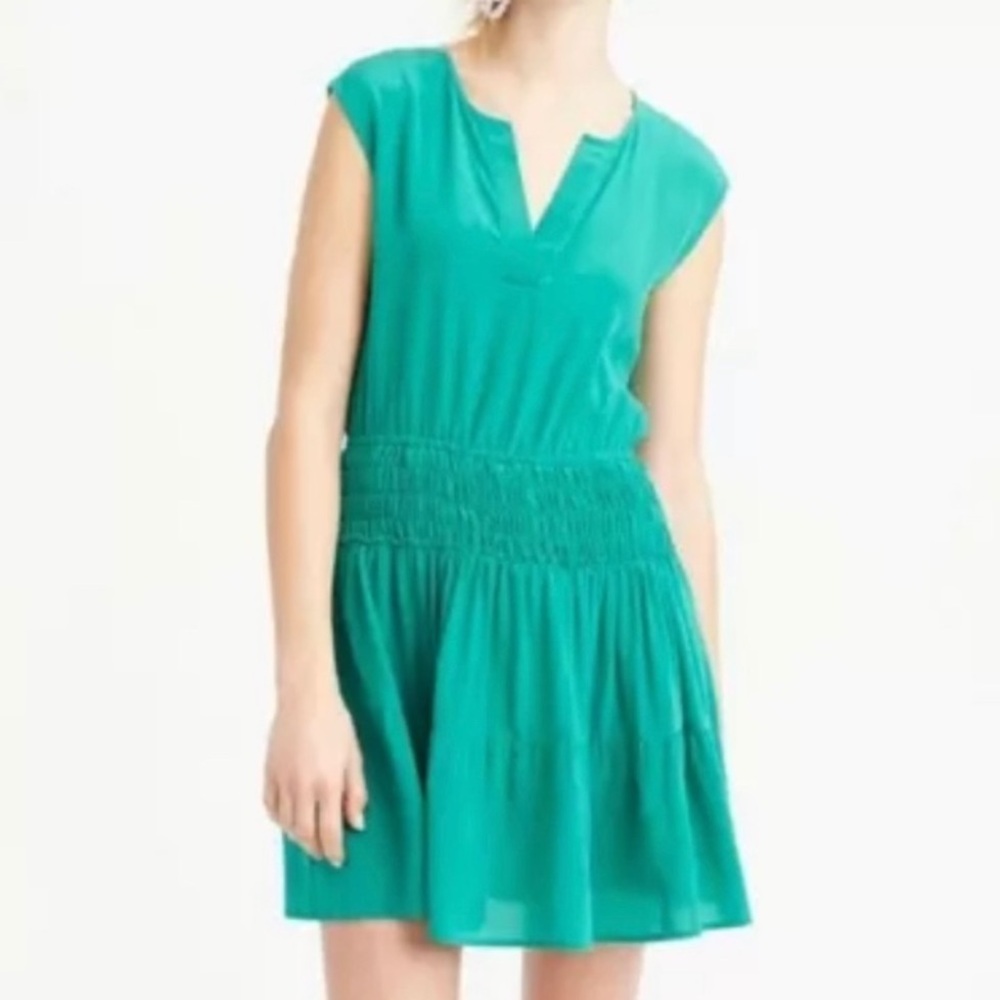 J Crew Smocked Waist Silk Dress in Green size 2 *